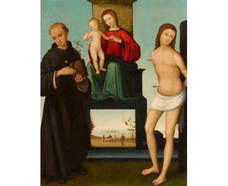 Meister der Maddalena Assunta, Thronende Madonna mit Kind, dem hl. Nikolaus von Tolentino und hl. SeÖl auf Holz. 37,5 x 29,5 