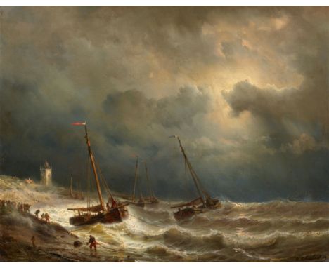 Andreas Achenbach, Segelschiffe an einer stürmischen KüsteÖl auf Leinwand. 48,5 x 62 cm.Signiert und datiert unten rechts: A.