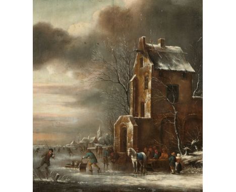 Klaes (Nicolaes) Molenaer, Winterlandschaft mit Schlittschuhläufern vor einer StadtÖl auf Holz (parkettiert). 52,5 x 47 cm.Si