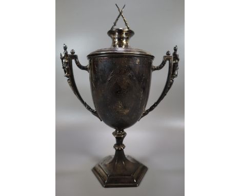 Interesting 19th Century silver two handled lidded shooting trophy cup 'Leith Battalion Rifle Association, I.M.R.V, institute