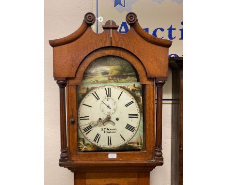 19th century Welsh oak eight day long case clock marked E T Jenkins, Ferndale, having broken swan neck pediment above arched 
