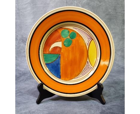 Clarice Cliff 'Fantasque' melon design pottery circular plate, probably 1931, hand painted with stylised fruit within a black