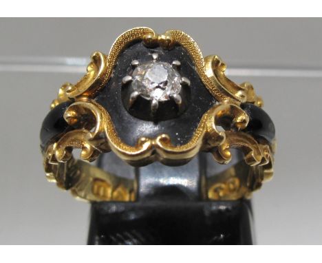 William IV 18ct gold mourning ringset with a diamond on a black enamel ground within a scrolling gold cartouche. Hair section