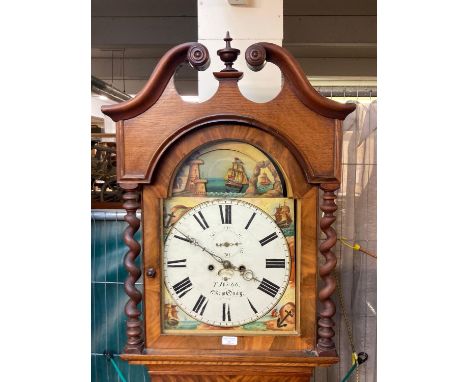 19th century eight day mahogany "rocking ship " long case clock by T Webb of Newquay, having broken arch pediment above arche