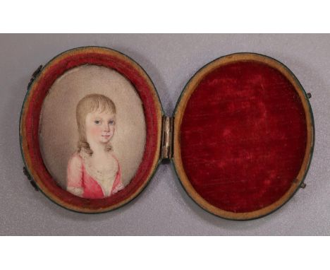 18th/early 19th century British School, portrait miniature of a young girl, shagreen hinged case. 3.8 x 3 cms approx. 