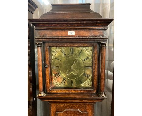 18th century English oak long case clock, marked Thomas Ore of Tong (Shropshire), having pagoda hood above square aperture fl