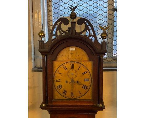 19th century oak  eight day long case clock having fretwork pediment above arched aperture flanked by turned columns, arch wa