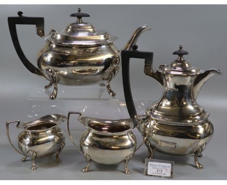 Silver baluster shaped four piece tea and coffee set by Walker & Hall, Sheffield. Comprises; teapot, coffee pot, two handled 