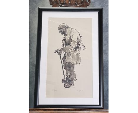 After Sir John 'Kyffin' Williams KBE (Welsh 1918-2006), old man leaning on his gnarled stick, limited edition print no. 271/7