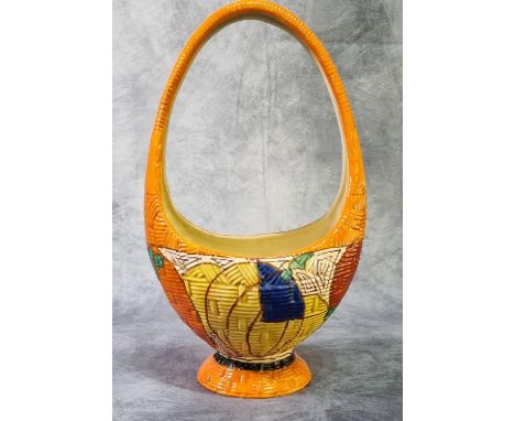 Clarice Cliff pottery Fantasque Gaiety basket in melon design. 36cm high approx. Black printed marks to the base, hand painte
