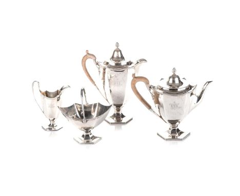 A FOUR PIECE ENGLISH SILVER TEA SET, ELKINGTON & CO, LTD, BIRMINGHAM, 1919 comprising: a teapot, a hot water jug, a milk jug 