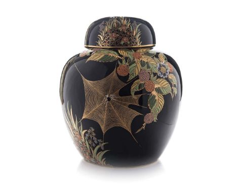 A NOIR CARLTONWARE LIDDED GINGER JAR, CIRCA 1930 of ovoid form, decorated with a spider web and berry design, printed factory