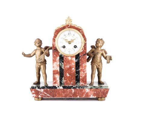 A GILT, RED AND GREEN-VEINED MARBLE CLOCK, 19TH CENTURY BUYERS ARE ADVISED THAT A SERVICE IS RECOMMENDED FOR ALL CLOCKS PURCH