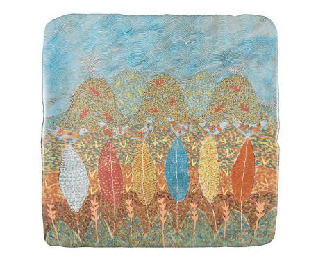 A CERAMIC POLYCHROME TILE, ANTON BOSCH (1958 – ) depicting leaves and doves before a landscape, hairline crack70cm square 