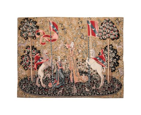 A REPRODUCTION FLEMISH TAPESTRY 'THE LADY AND THE UNICORN', DE SMAAK 133,5 by 182cmThis piece is also called 'The Tapestry Cy