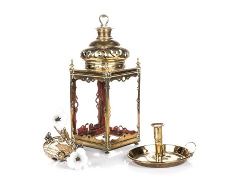 A LARGE BRASS LANTERN, 19TH CENTURY of rectangular form, surmounted by a bulbous and pierced funnel with carrying handle; and