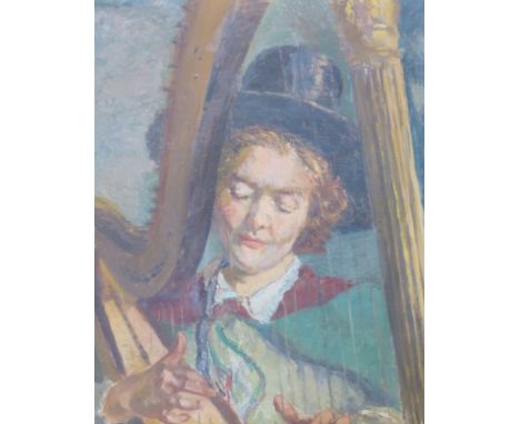 D. Milne (20th Century), Welsh lady playing the harp, signed and dated '48, oil on canvas, 55 x 45cm.