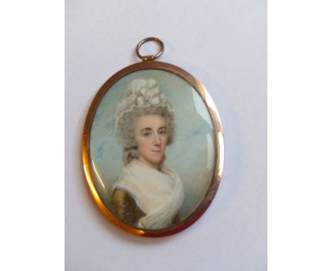 English School (19th Century) a miniature bust length portrait of a young lady in lace cap and shawl, watercolour, 6.5 x 5cm 
