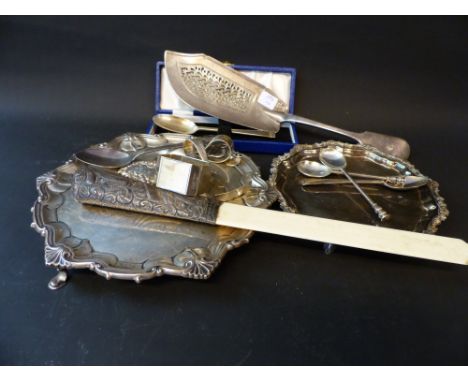 Two silver salvers, one dated Sheffield 1913, 13oz, the other Birmingham 1961, 7oz, a silver and ivory paper knife, Birmingha