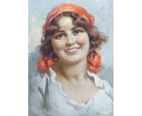 Enrico Frattini (1890-1968) Italian (ARR), Portrait of a peasant girl, signed, oil on canvas, 36 x 27cm.