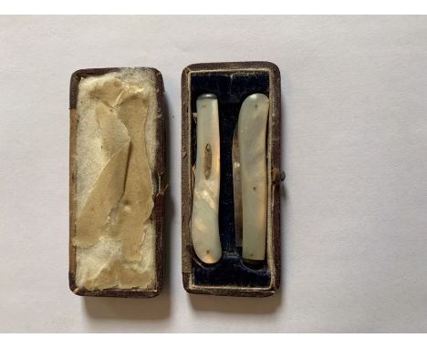 A Pair of Victorian travelling silver knife and fork folding with mother of pearl handles, Sheffield 1841 in box A/F