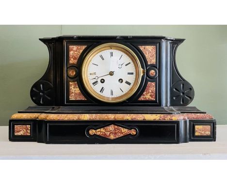 Late Victorian slate two train mantle clock, striking on a bell, case has marble/alabaster red trim 3¾ porcelain dial, French