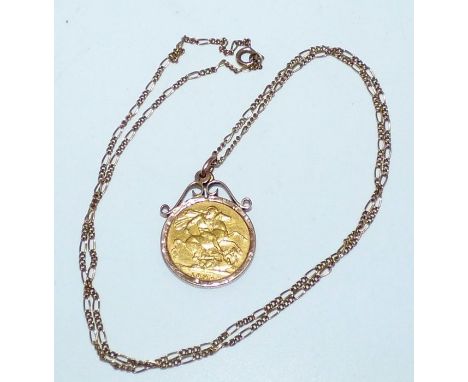 Edward 7th 1905 gold sovereign mounted in a pendant on a fine gold chain