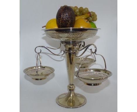 Silver plated epergne with 3 hanging baskets with some artificial fruit .