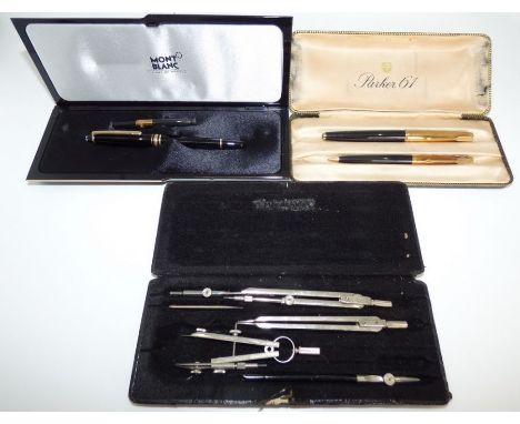 2 boxed pen sets&nbsp; by Parker and Mont&nbsp; Blanc and a boxed geometry set (3)