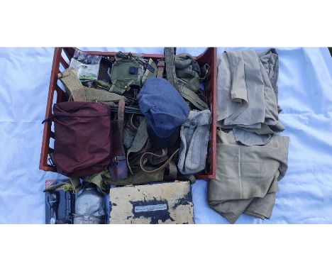 A tray of military webbing including uniform and a boxed Admiralty Lantern AF