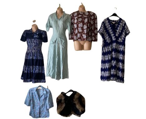 1940s and later clothing to include an early 1940s silk dress, a larger sized early 50s dress in floppy rayon and others(mixe