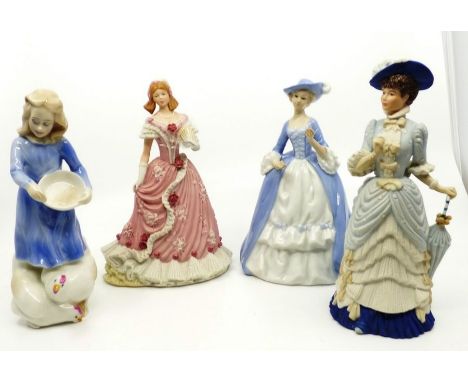 Group of 4 ceramic figures , Royal Doulton country girl , Wedgwood golden jubilee and coronation ball figures and a John Jenk