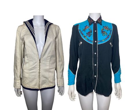 4 vintage women's tops including an embroidered peasant blouse, a naval or sailors top or jacket with zip front, 1952 dated (