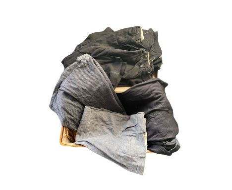 A brown case containing black wool men's tuxedo trousers (some button and some metal zipper fly), a pair of morning trousers 