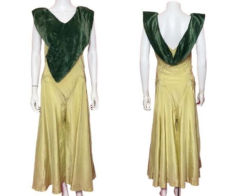 A brown rayon 1930s dress with balloon sleeves with cutwork detail and paste (underarms tears, damage to shoulder, split at s
