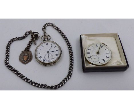 A 925 quality open faced fob watch, another (af) and a silver fob chain (chain 65g)