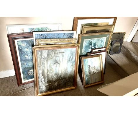 A Pear's print "Bubbles", an oleograph of a woodland scene with a cottager feeding animals, a modern Louis Wain print and oth
