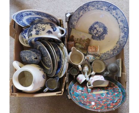 A collection of 19th and 20th century British, Continental and Oriental ceramics in two boxes. To include Spode blue and whit