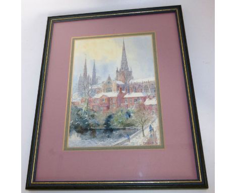 Watercolour of Lichfield cathedral , signed P J M bright 96frame size 26.5 x 34cm