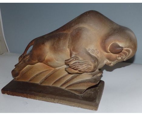 Large art deco ceramic bison , marked G L Badeau 1930 on the base35cm high 42cm x 19cm on the base 