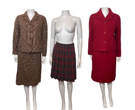 A 1950s /60s suit made from a red boucle (32 w), a 1950s/60s brown tweed suit, a 1940s skirt with side button fastenings, a 5