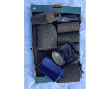 A quantity of military water bottles plus a blue enamel version and military lamp AF
