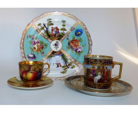 Meissen dessert plate , decorated with figures and flowers , double cancelation mark , Royal Worcester coffee cup and saucer 