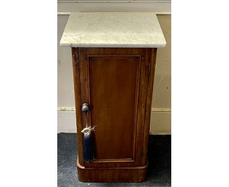 A 19th century mahogany and marble top pot cupboard, in rectangular form, a single moulded panel door enclosing a single shel