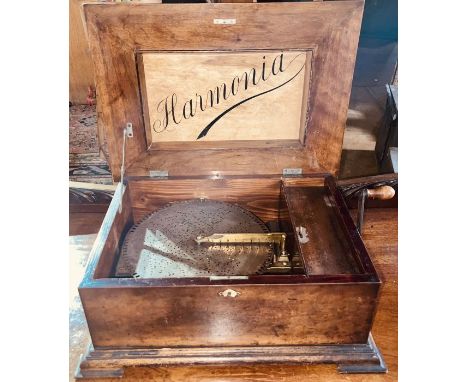 A late 19th century Harmonia polyphon disc playing oak music box, model 1689, moulded lid with painted foliate inlay, reveali