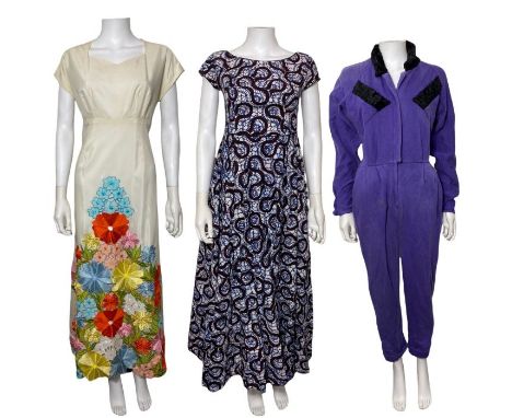 1960s and later clothing including a fabulous 1960s full length gown with vibrant embroidery and a floral cutwork design (mad