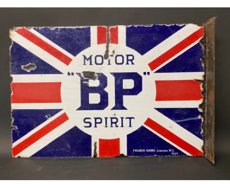 A BP Motor Spirit Union Jack double sided enamel sign with reattached hanging flange, by Franco, 24 x 16".