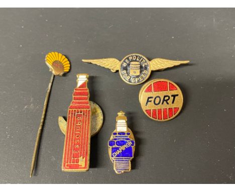 A small selection of petrol/garage company related lapel badges including Shell, Dunlop Fort, Hepolite and Champion.