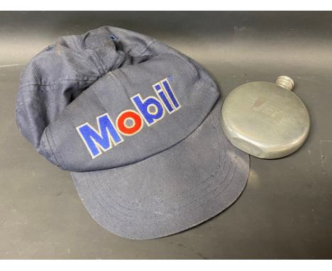 A Mobil branded baseball cap and a Jet fuel branded hip flask.