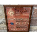 A framed and glazed early RAC showcard, 21 3/4 x 26 1/2".